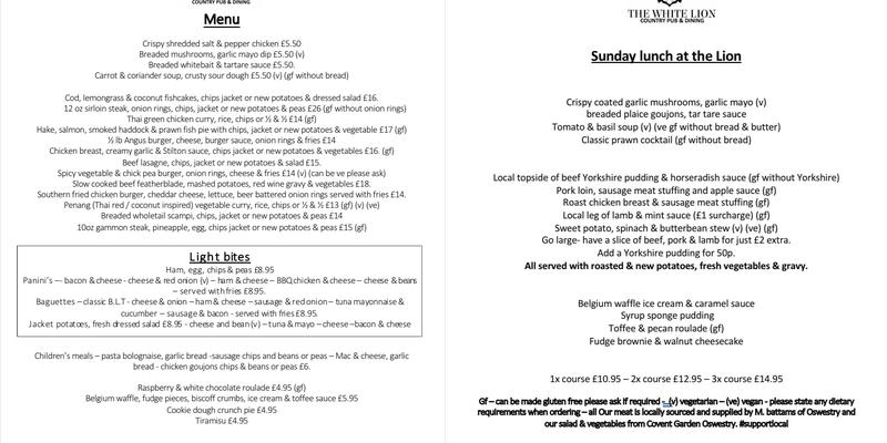 The White Lion Menu