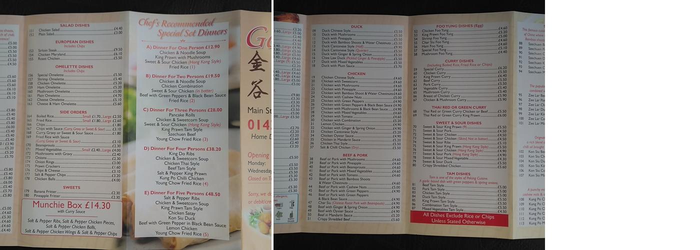 Golden Valley Chinese Takeaway Menu