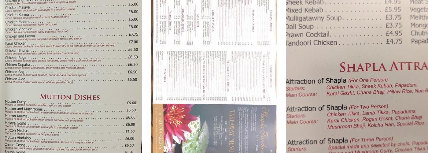 Shapla Tandoori Menu