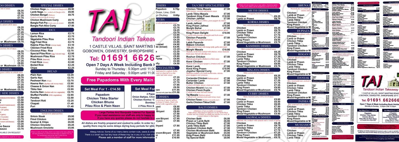 Taj Tandoori Menu