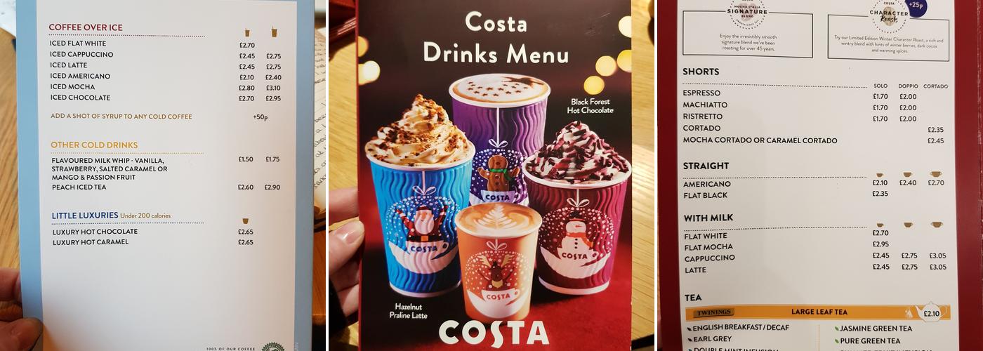 Costa Coffee Menu