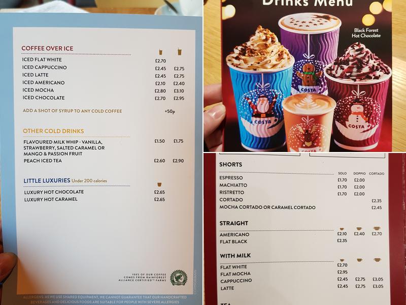 Costa Coffee Menu