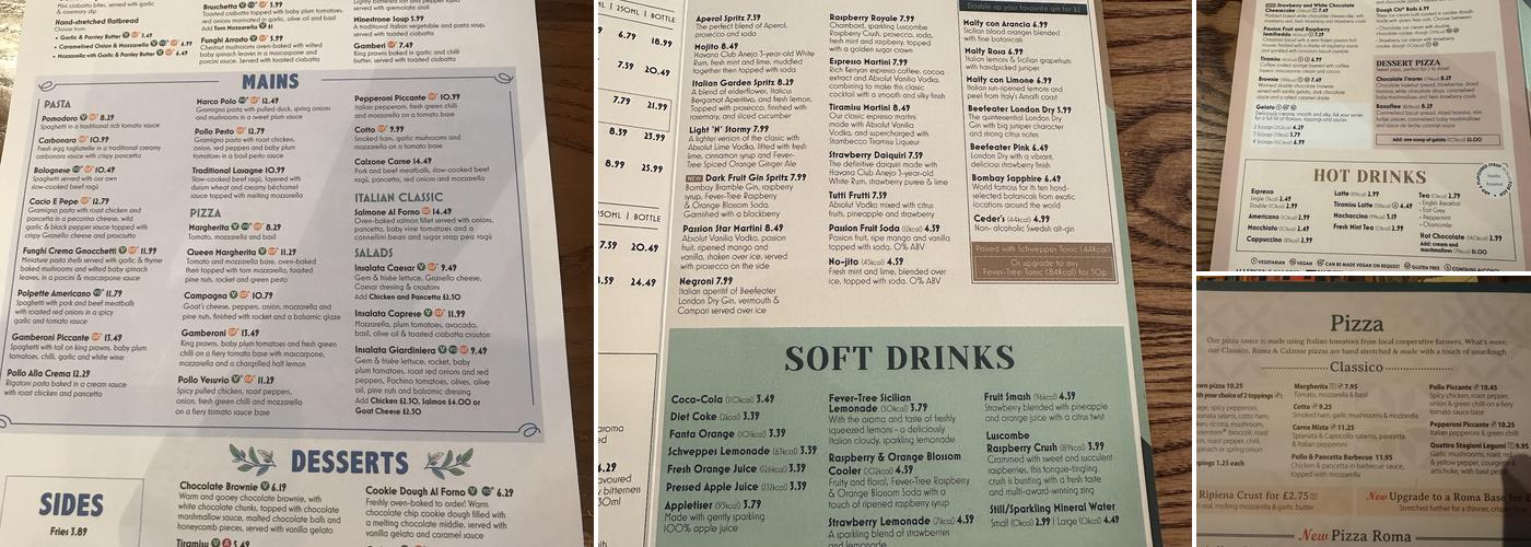 Bella Italia - Milton Keynes Stadium Menu