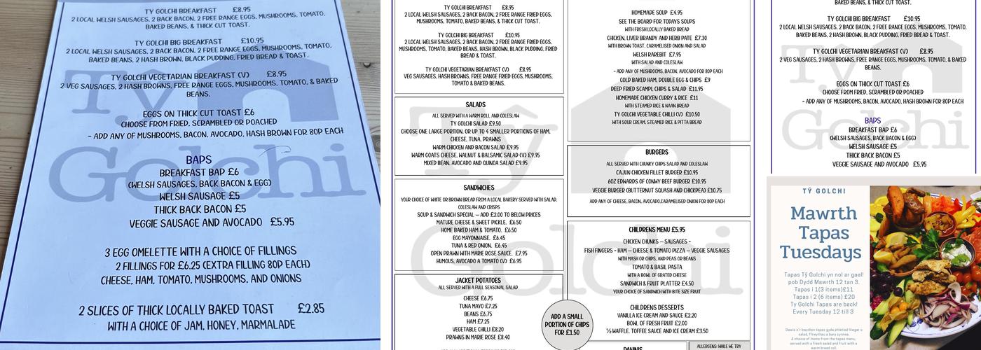 Tŷ Golchi Menu
