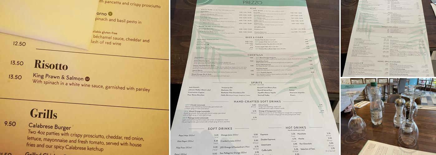 Prezzo Italian Restaurant Milton Keynes Stadium Menu