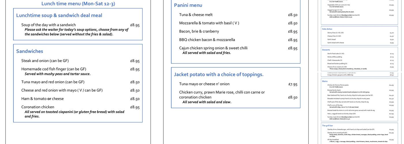 Stanley Arms Anderton Menu