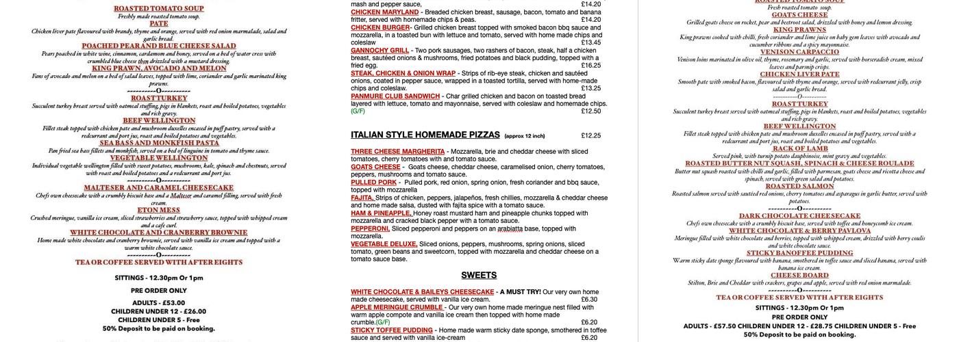 The Panmure Arms Hotel Menu