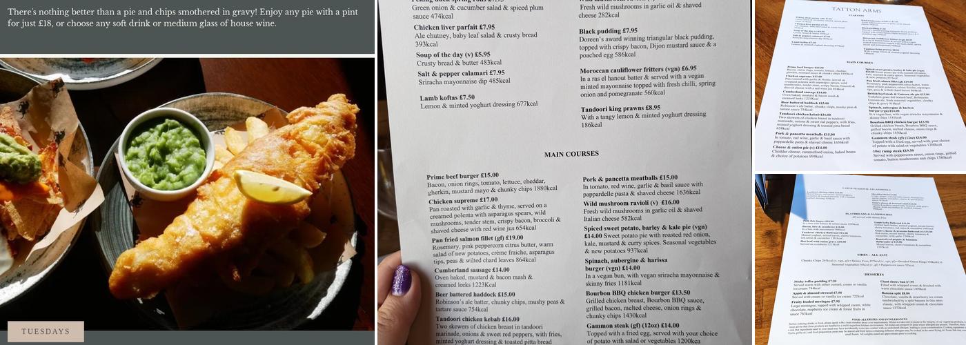 Tatton Arms, Moss Nook Menu