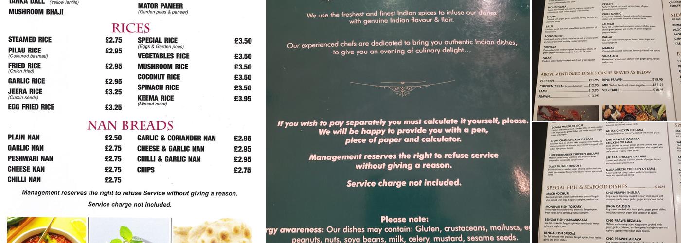 Taste of India, Kyleakin Menu