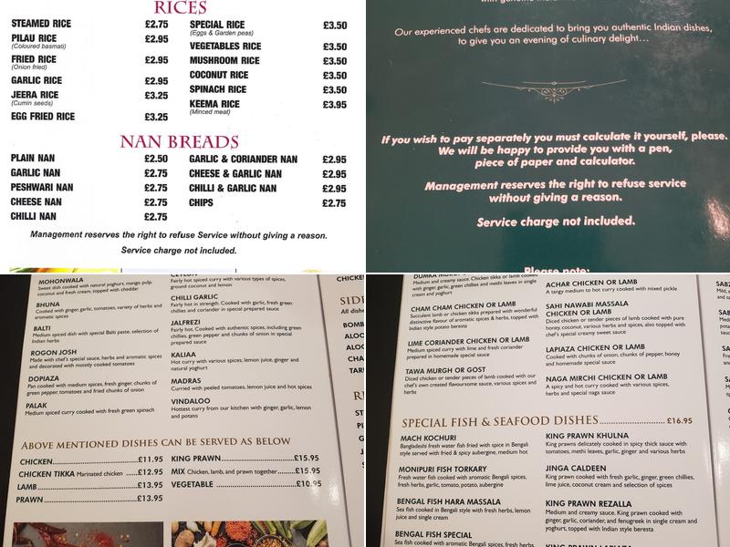 Taste of India, Kyleakin Menu