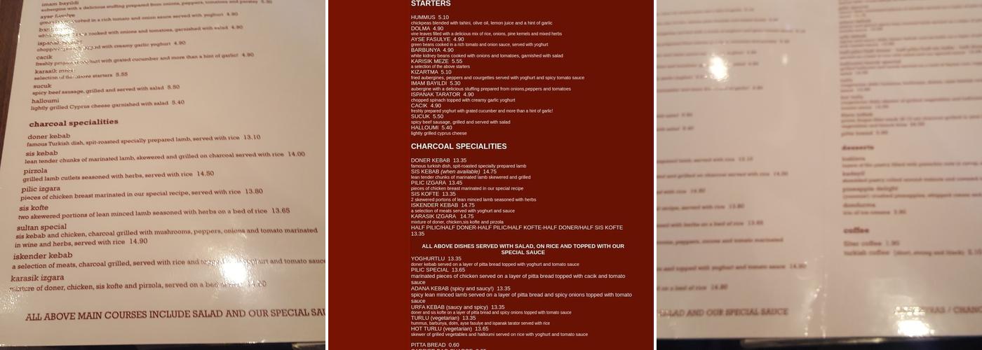 Sultan Turkish Restaurant Menu