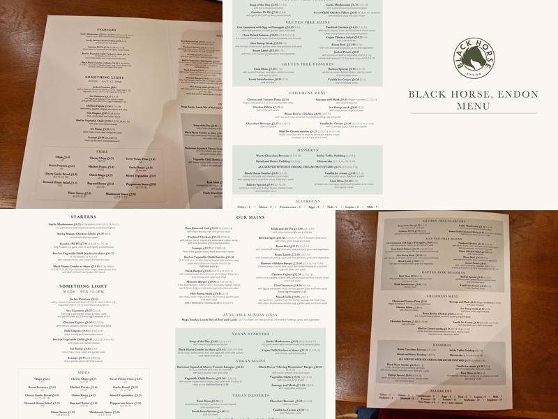 The Black Horse Menu