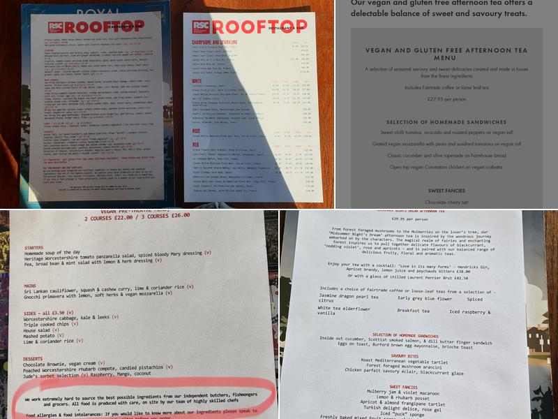 The Rooftop Restaurant at the Royal Shakespeare Theatre Menu