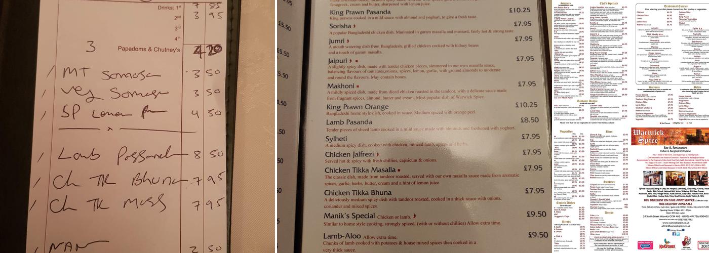 Warwick Spice Indian and Bangladeshi Restaurant Menu