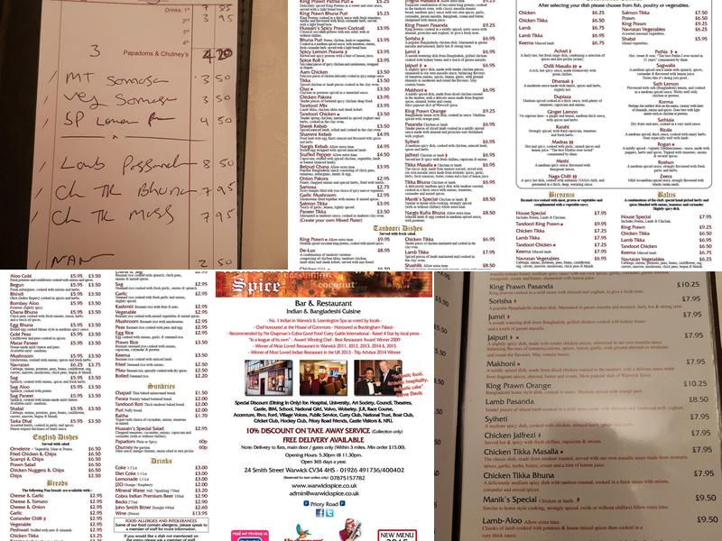 Warwick Spice Indian and Bangladeshi Restaurant Menu