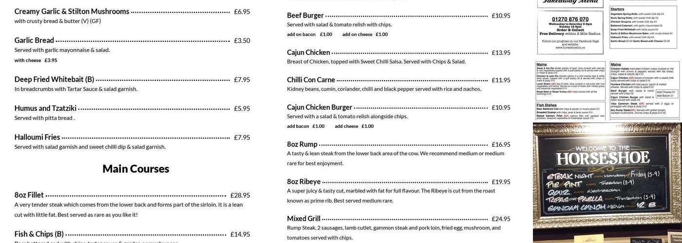 The Horseshoe inn Menu