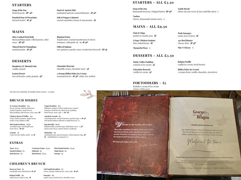 George & Dragon Menu