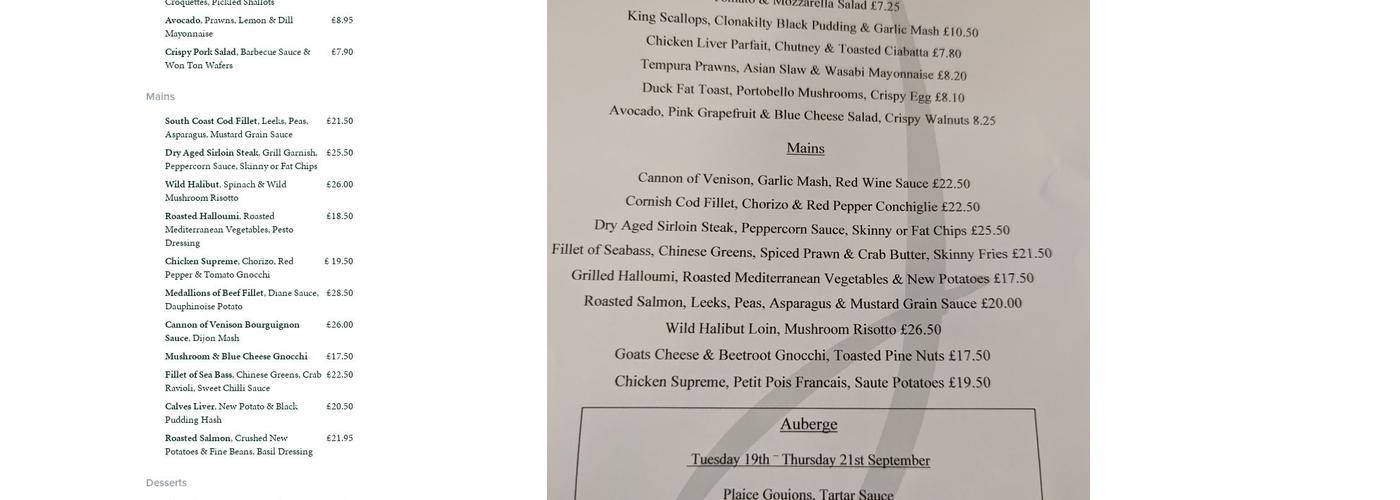 The Joiner's Arms Menu