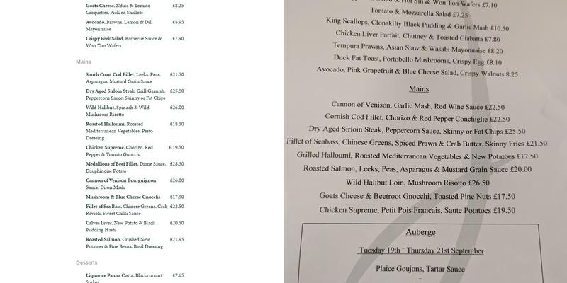 The Joiner's Arms Menu