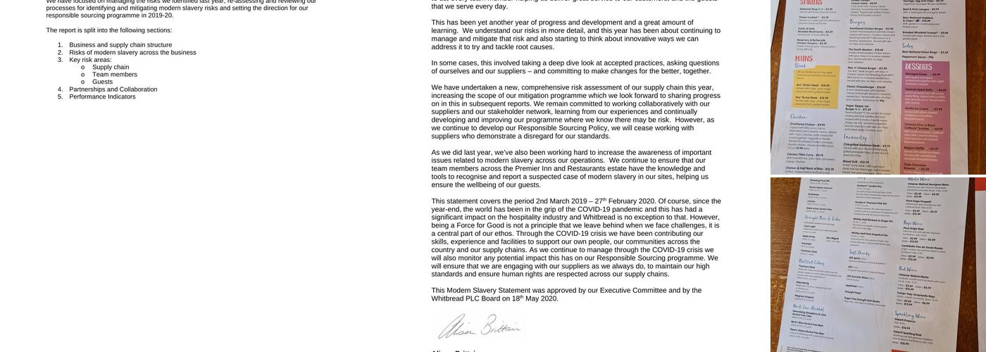 Premier Inn Wirral (Two Mills) hotel Menu