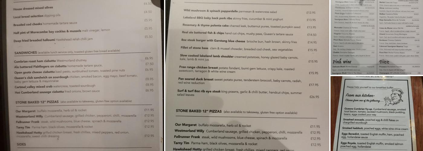 Queens Head, Hawkshead Menu