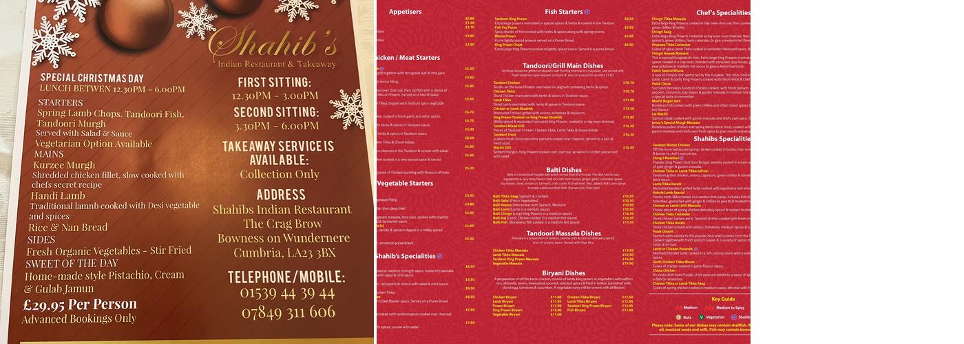 Shahib's Indian Restaurant and Takeaway Menu