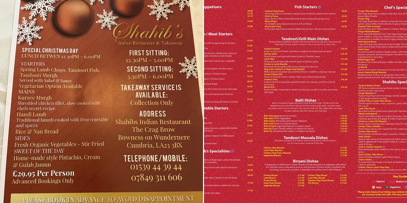 Shahib's Indian Restaurant and Takeaway Menu