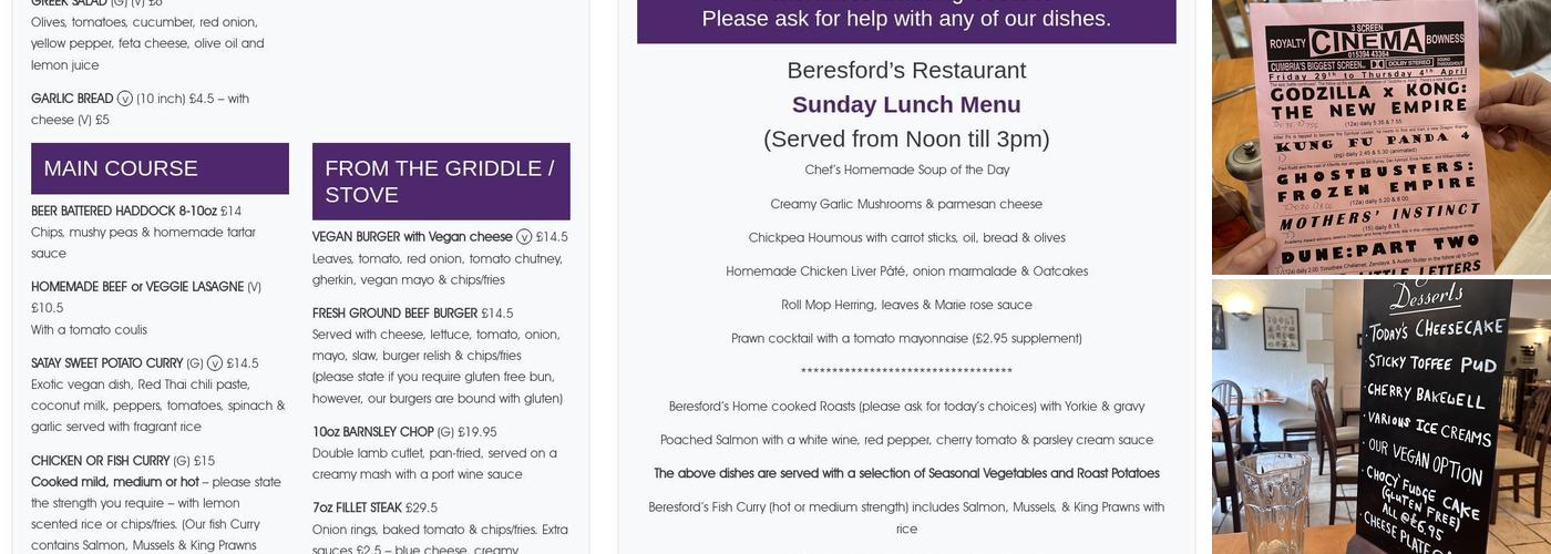 Beresford's Restaurant & Pub Menu