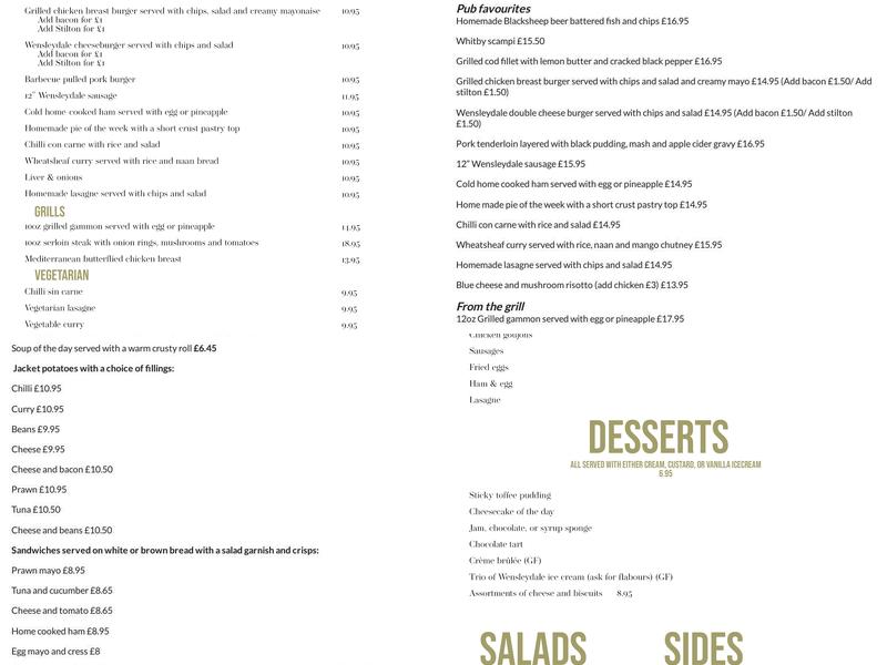 The Wheatsheaf Inn Menu