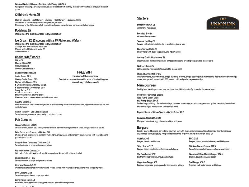Union Inn Menu