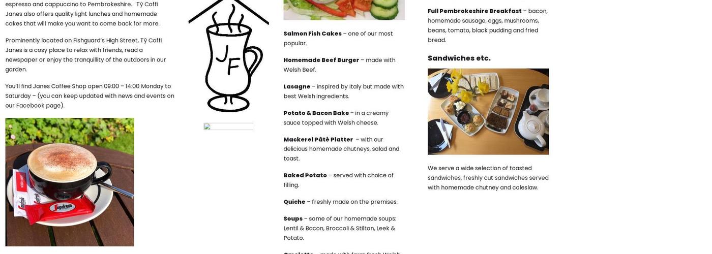 Janes Fishguard Menu