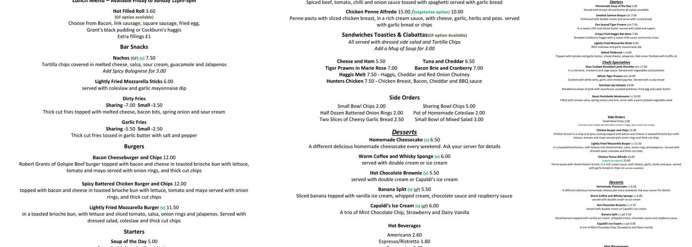 Brora Golf Club Menu