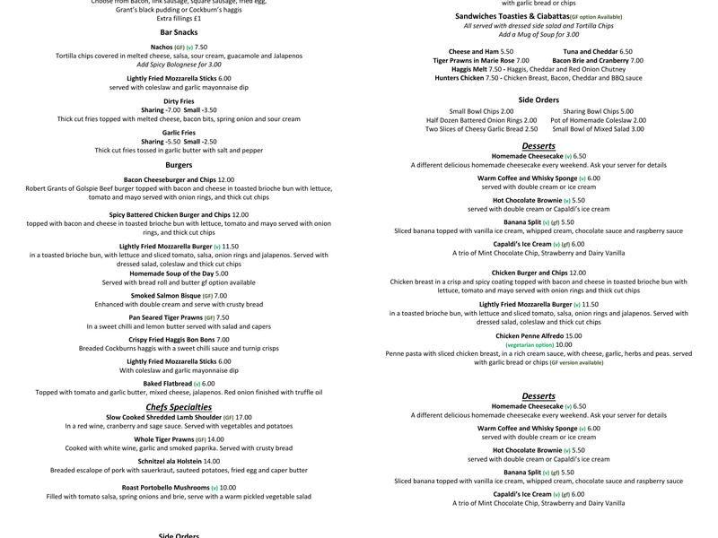 Brora Golf Club Menu