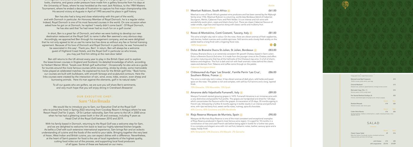 Royal Golf Hotel Dornoch Menu