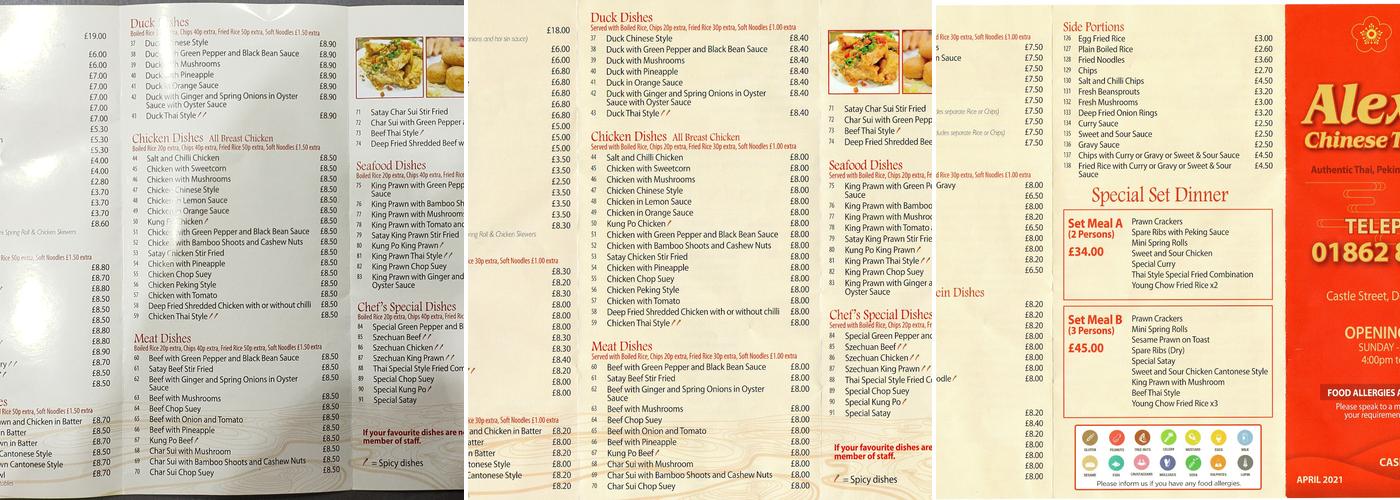 Alex's Chinese Takeaway Menu