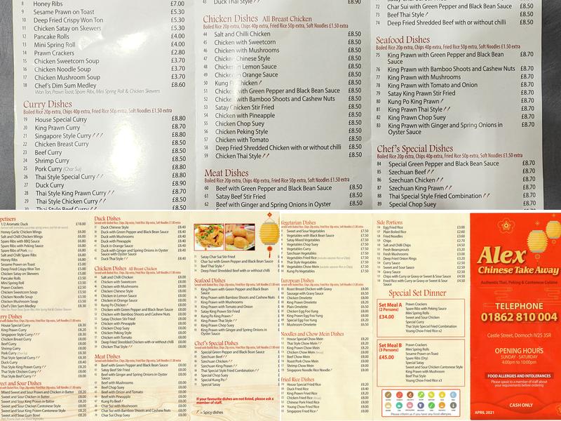 Alex's Chinese Takeaway Menu