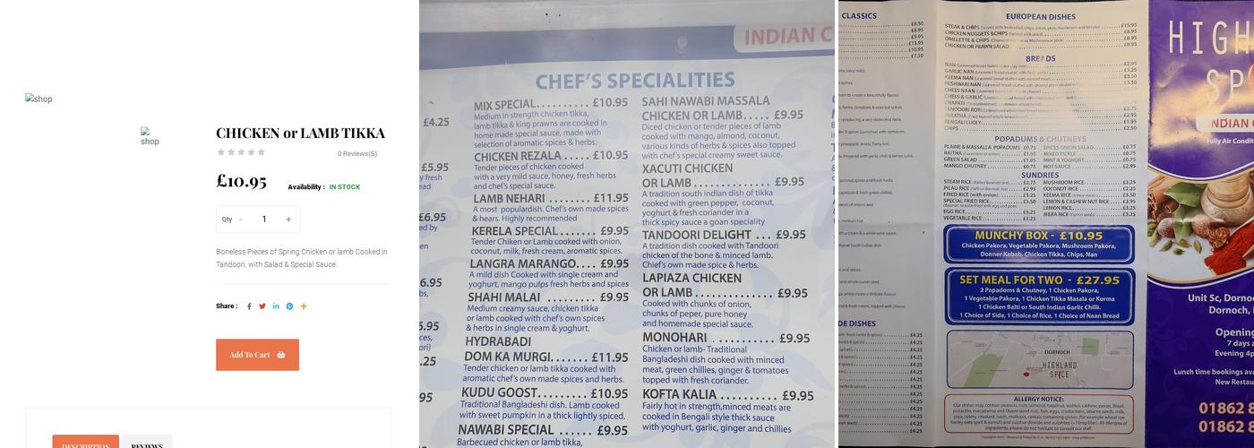 Highland Spice Menu
