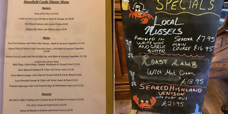 Mansfield Castle Menu