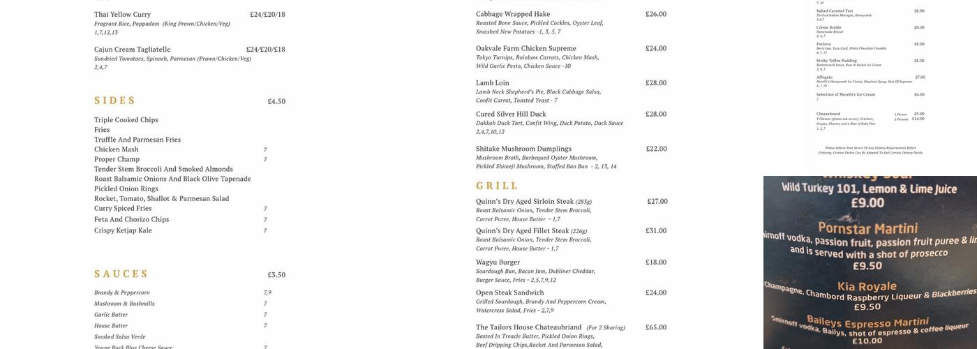 The Tailors House Menu