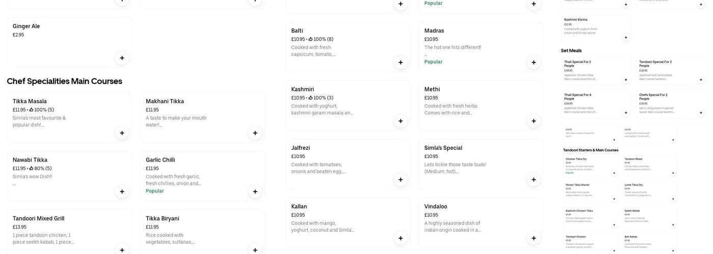 Simla Indian Restaurant Menu