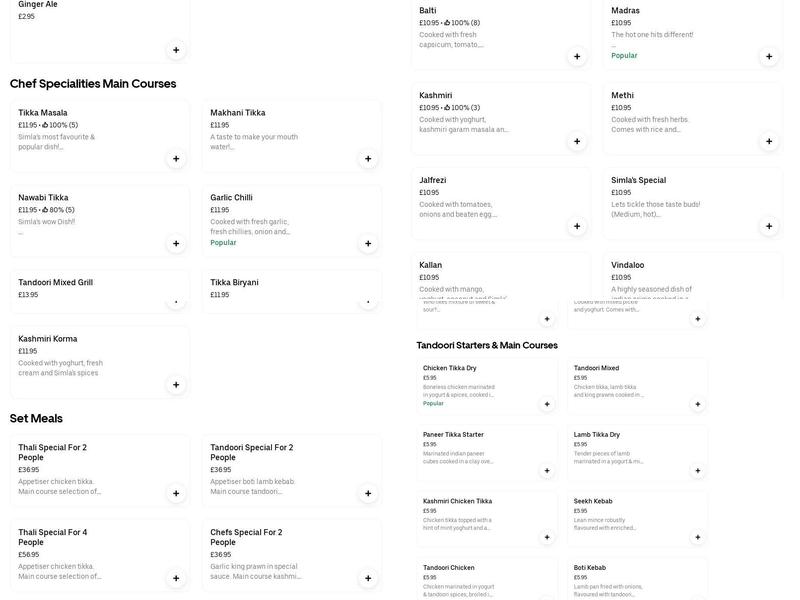 Simla Indian Restaurant Menu