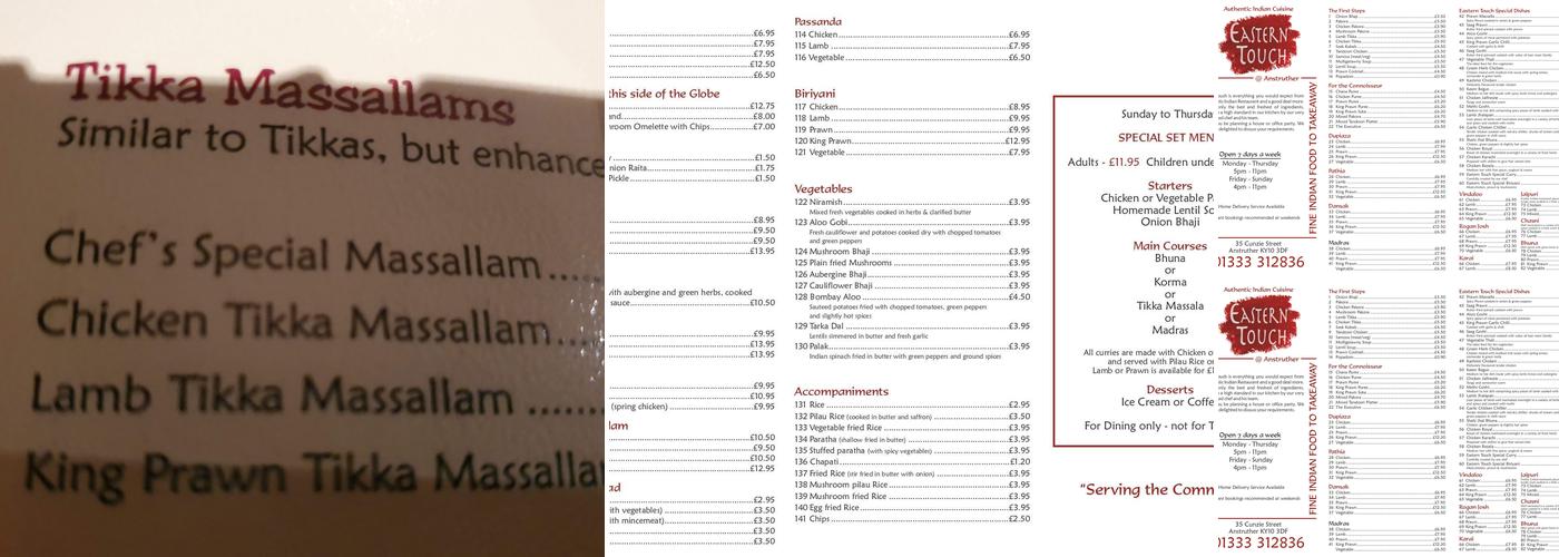 Eastern Touch at Anstruther Menu