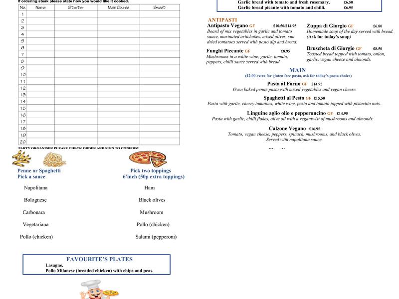 Giorgio's Italian Menu