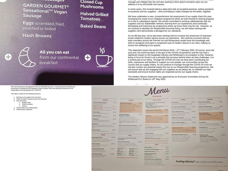 Premier Inn Matlock hotel Menu