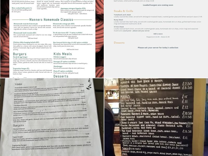 The Manners, Bakewell Menu