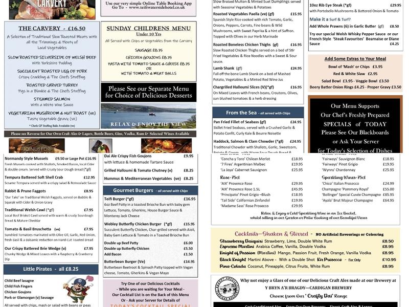 Teifi Waterside Hotel Menu