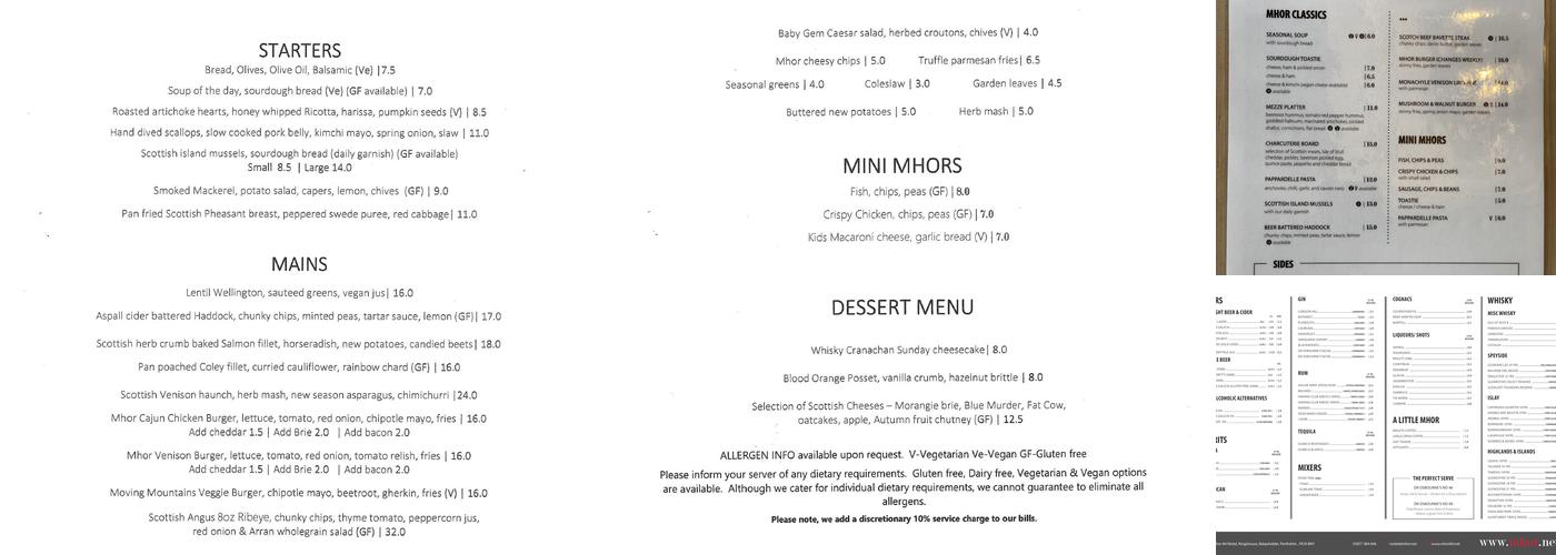 Mhor 84 Motel Menu