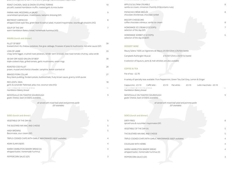 The Bustard Inn & Restaurant Menu