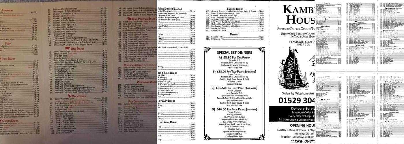 Kamble House Sleaford Menu