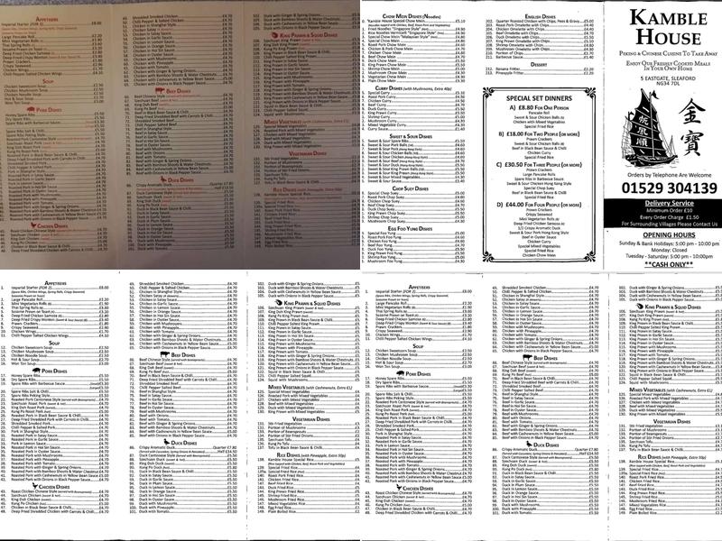 Kamble House Sleaford Menu